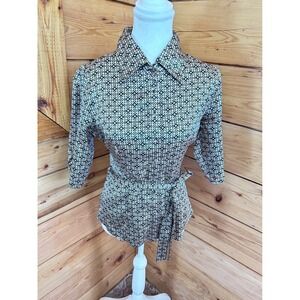 Yoyos USA Geometric Tile Print Button Down Blouse with Tie Waist Brown Teal M